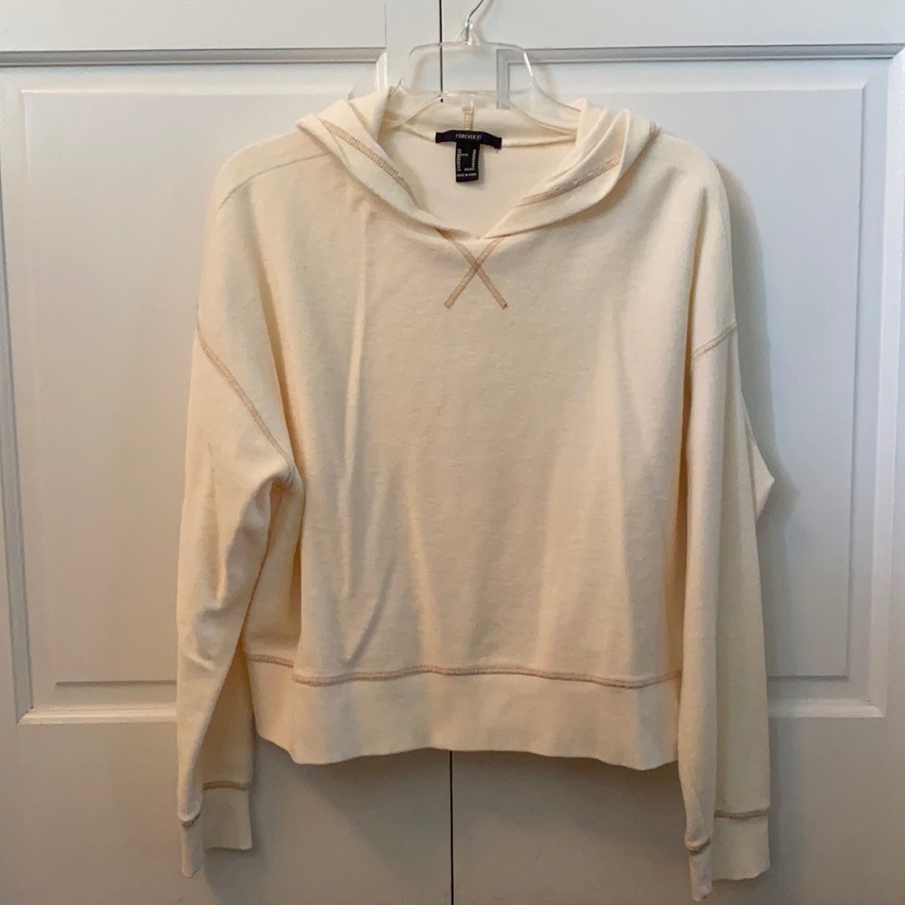 NWOT Forever 21 Cream and Tan Cropped Hooded Long Sleeve Sweatshirt